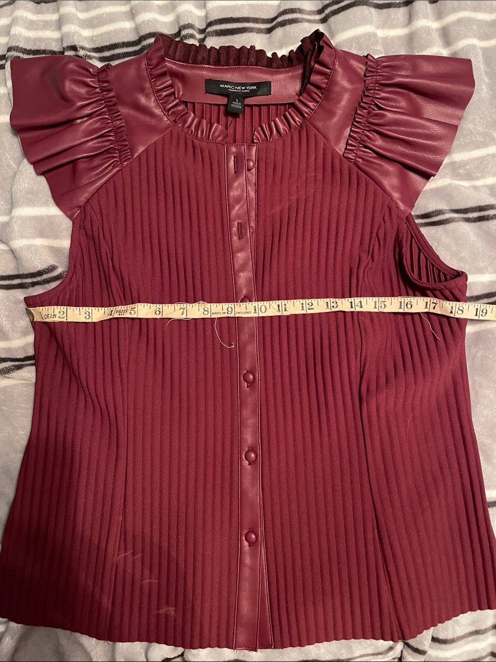 Marc New York Burgundy Pleated Faux-Leather Trim Cap Sleeve Shell